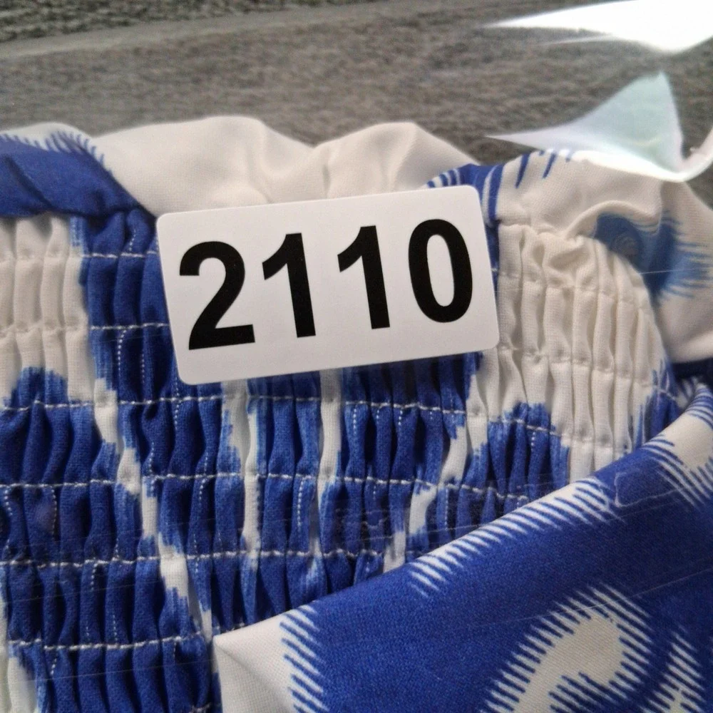 NWT Cupshe Maxi Dress Womens Medium Blue White Ikat Smocked Tiered Boho - Picture 9 of 9